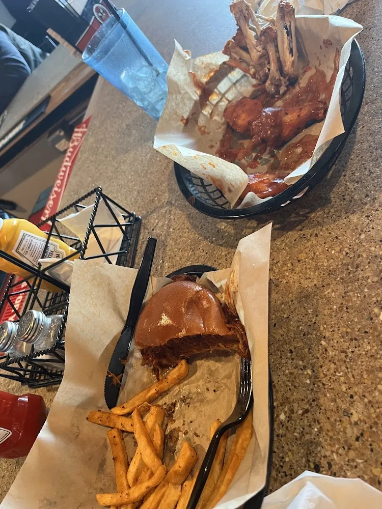 Pork BBQ Sandwich with Fries and Mild Hot Wings